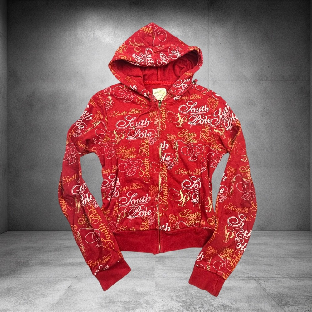 Vintage Southpole Red All Over Print Zip Up Hoodie Y2K Skater Mall Goth Small